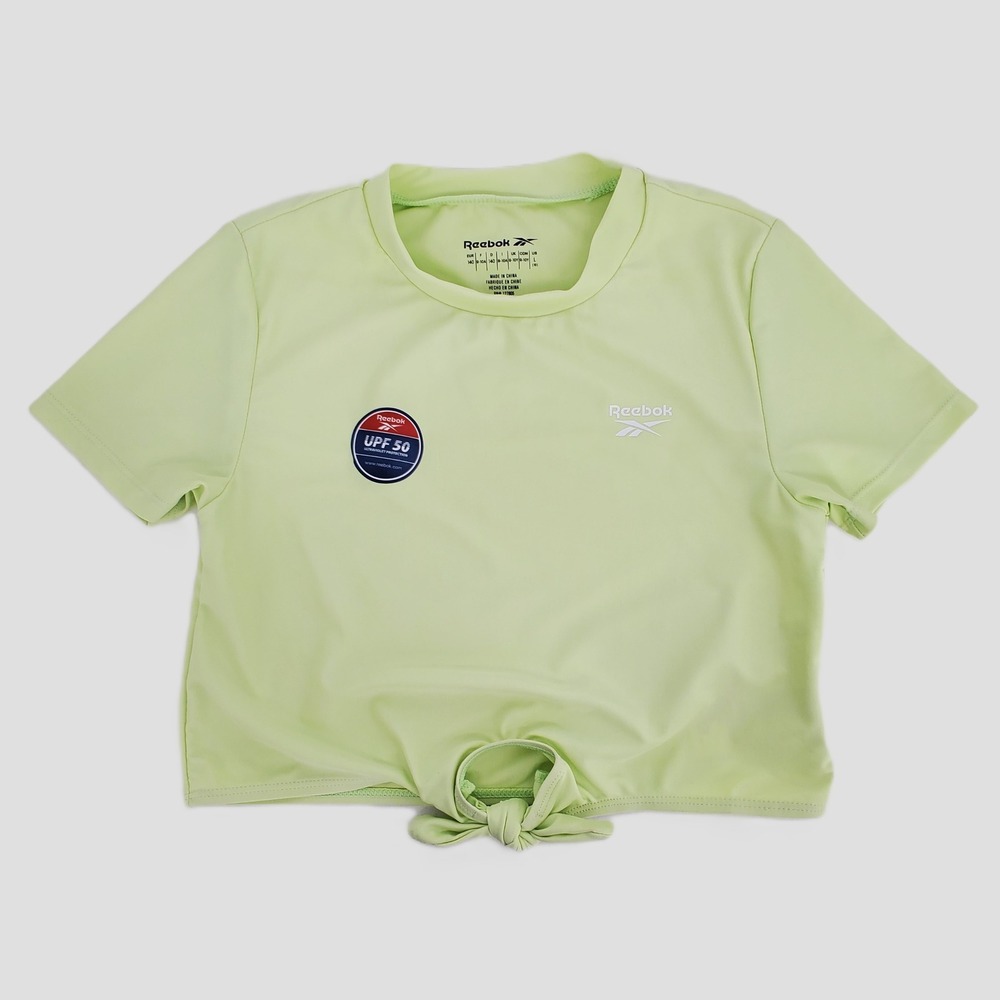 Reebok Girls Size Large 10 Cropped Tie Front Swim Top Green Short‎ Sleeve UPF 50